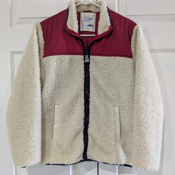 Original J. Crew Boys' XL Beige Faux Fur Sherpa Jacket with Red Accents - Picture 2 of 14